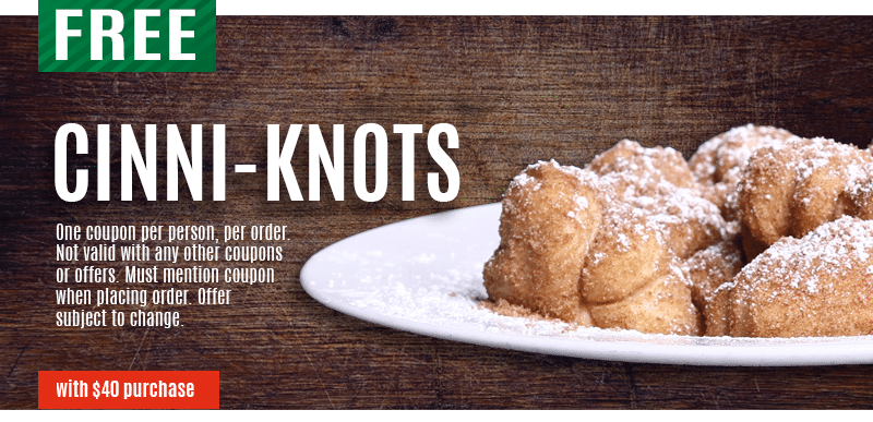Jimmy's Pizzeria coupon offering free Cinni-Knots per order